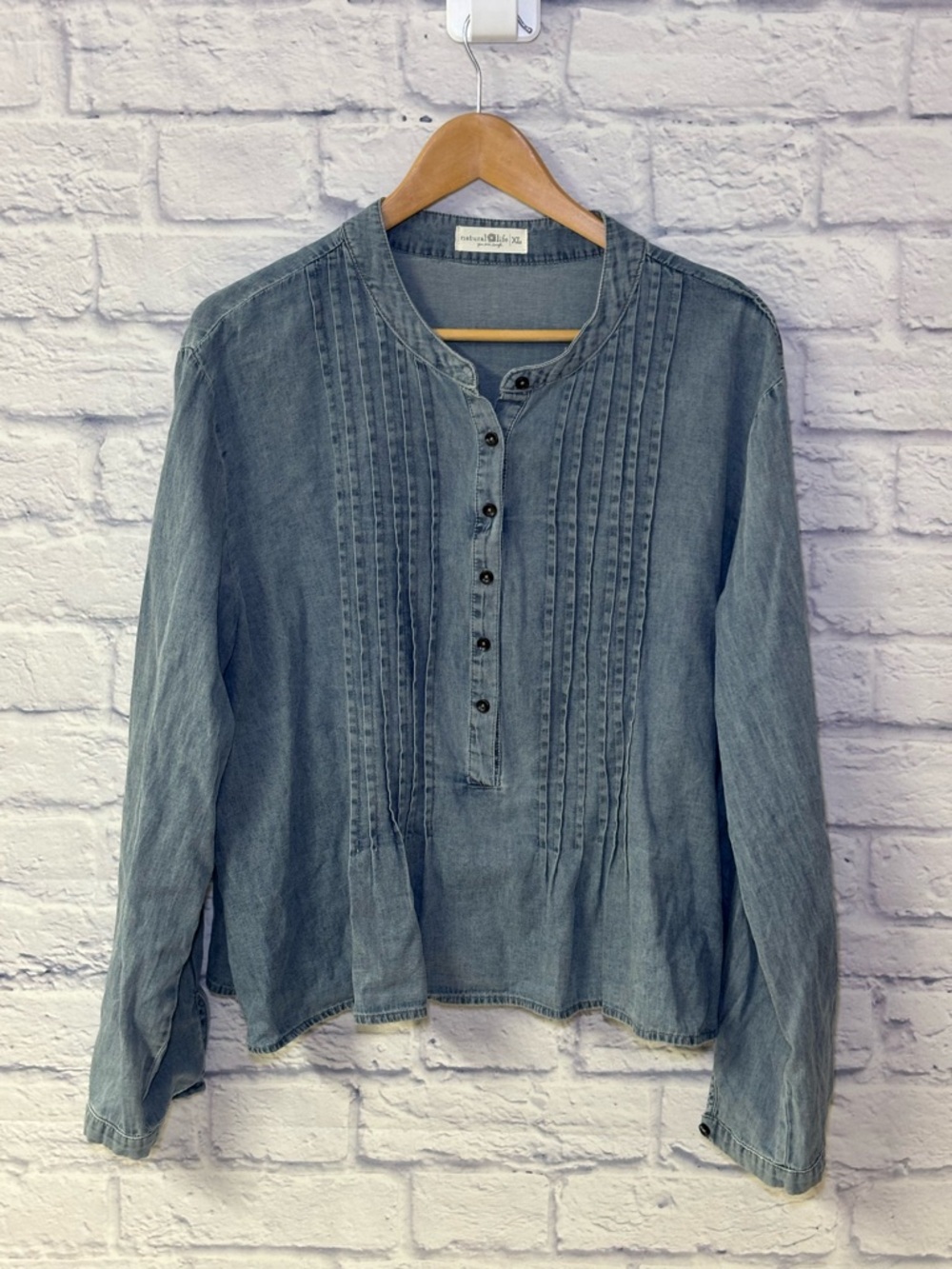 NATURAL LIFE Relaxed Fit Chambray Popover Blouse Top Bobo Size XL